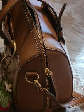Fossil Brown Leather Dome Satchel Shoulder Bag with Gold Key Charm